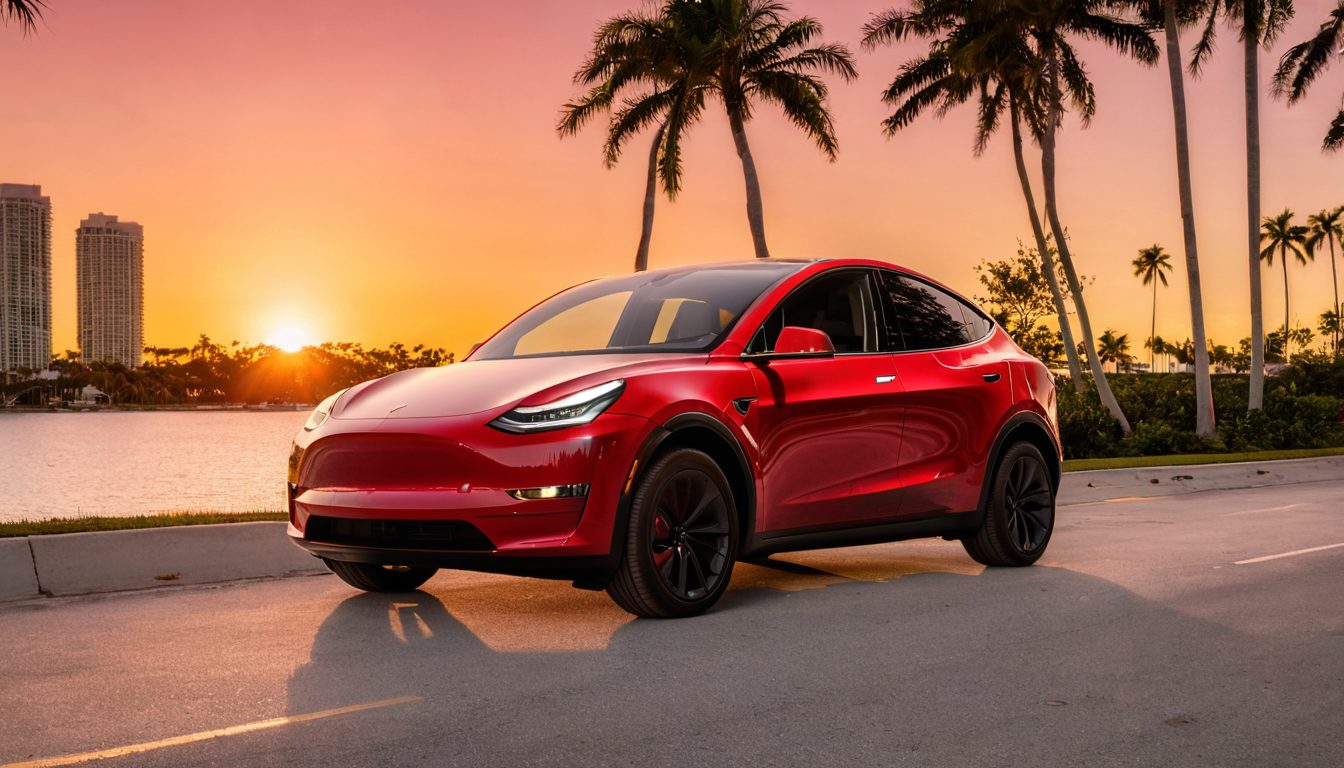 The red Tesla Model Y, on the Miami causeway at sunset
