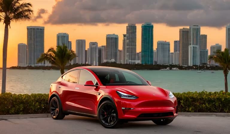 A red Tesla Model Y by Biscayne Bay with the Miami skyline behind